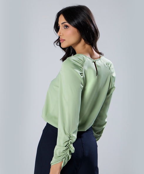 Long Sleeve Gathered Satin Green Top